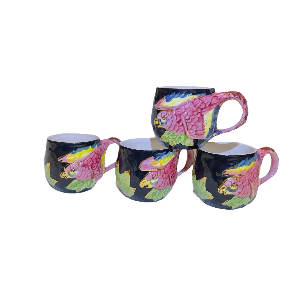 Lot of 4‎ Embossed Tropical Ceramic Flying Bird Colorful Coffee Mugs Cups